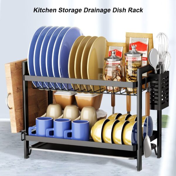 2-Tier Dish Drying Rack Multifunctional Dish Drainer Shelf Rust-Proof with Drainboard & Utensil Holder Home Kitchen Organization - Image 2