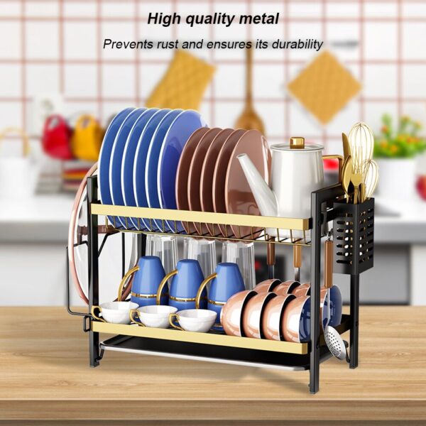 2-Tier Dish Drying Rack Multifunctional Dish Drainer Shelf Rust-Proof with Drainboard & Utensil Holder Home Kitchen Organization - Image 3