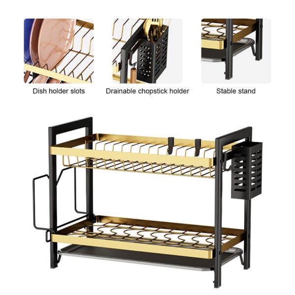 2-Tier Dish Drying Rack Multifunctional Dish Drainer Shelf Rust-Proof with Drainboard & Utensil Holder Home Kitchen Organization - Image 5