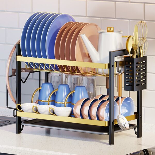2-Tier Dish Drying Rack Multifunctional Dish Drainer Shelf Rust-Proof with Drainboard & Utensil Holder Home Kitchen Organization