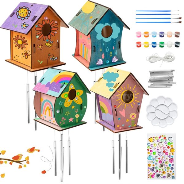 4 Sets DIY Bird House Chime Kit Making Your Own Birdhouses Crafts Build And Paint Unfinished Wooden Handmade Activities Supplies