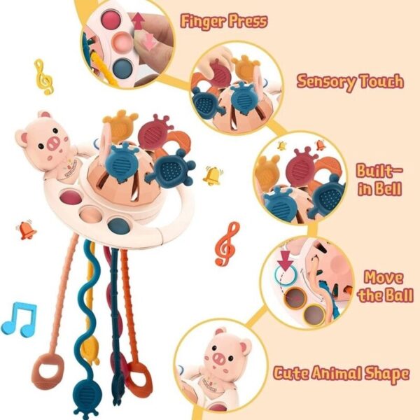5 IN 1 Pink Pig Silicone Pull String Baby Develop Teething Montessori Sensory Educational Toy Travel Toys For Stroller - Image 5