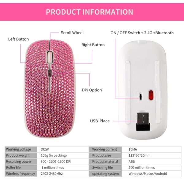 Dual Mode Wireless Mouse Electronic Bluetooth 2.4Ghz Mute Diamond-studded Mause for Notebook PC Laptop Compute Kids Friends Gift - Image 5
