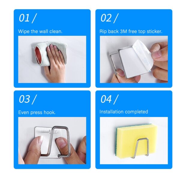Kitchen Organizer Sponge Holder Soap Drying Rack Self Adhesive Sink Drain Racks Stainless Steel Sink Wall Storage Racks Hooks - Image 4