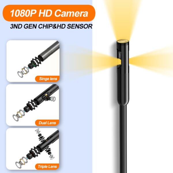 Triple Lens Industrial Endoscope Camera 4.3'' Screen HD1080P Single Dual Lens Pipe Car Inspection USB Borescope Waterproof LED - Image 4